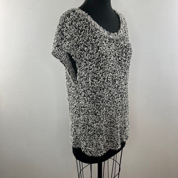 EILEEN FISHER Black White Short Sleeve Tufted Cotton Twist Pullover Sz Medium M - Picture 4 of 9